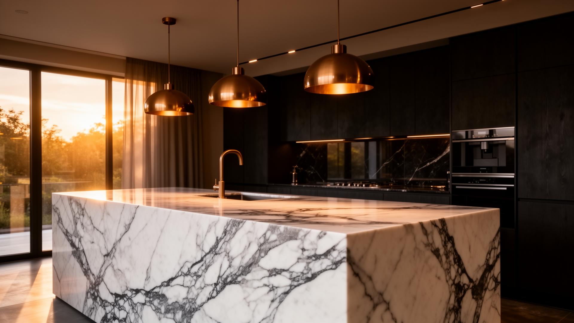 Cozinha de alto padrão com bancada em mármore branco